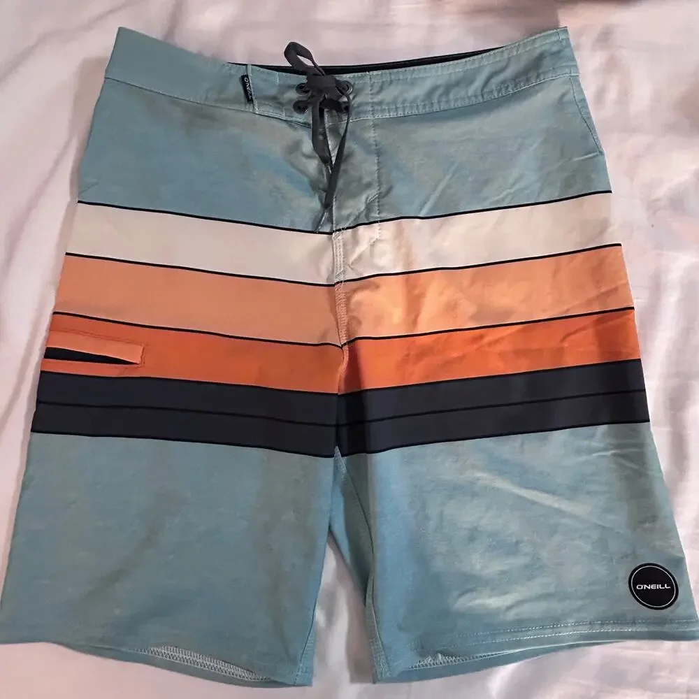 O’Neill Hyperfreak Board Shorts Size 28 Blue Orange Striped Surf Swim Trunks